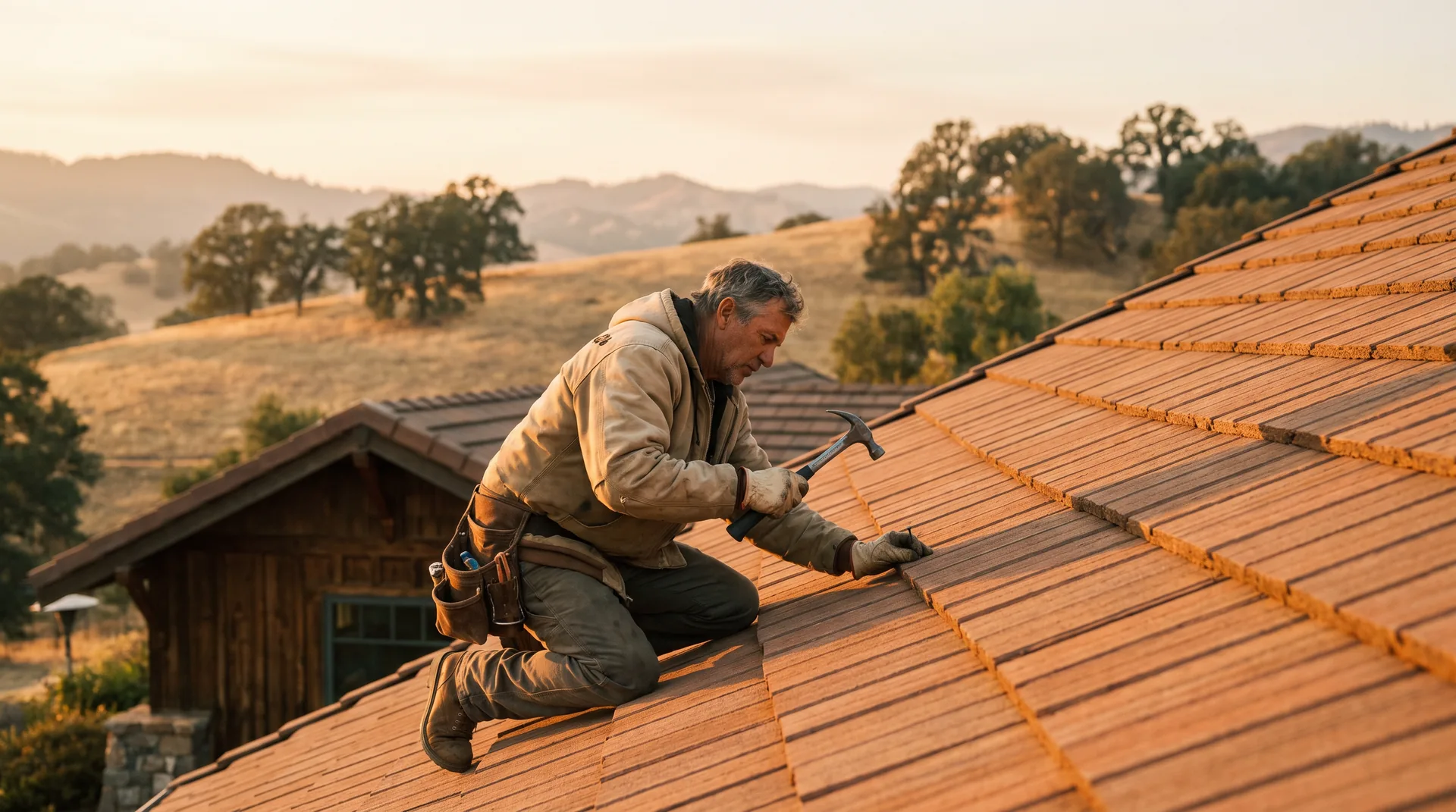 Roofer installing tile shingles on a home roof in the Sierra Nevada foothills at golden hour