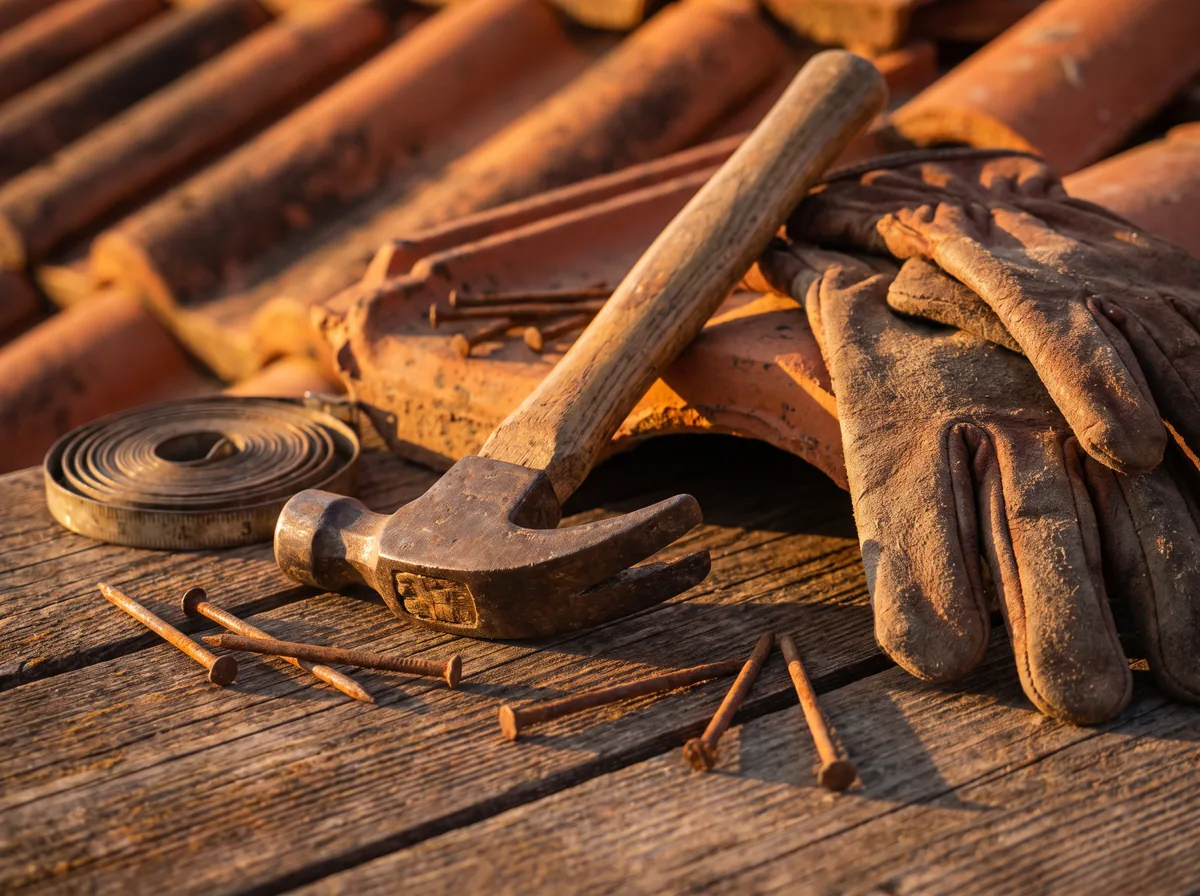 Close-up of roofing hammer, nails, and work gloves resting on tile shingles